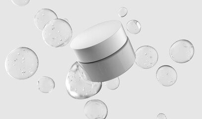 A cosmetic container made with water drops in the background.