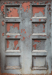 Old gray wooden door close-up.