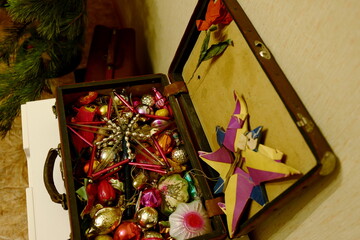 Antique Christmas tree glass toys in an old suitcase, 50s of the 20th century, Russia