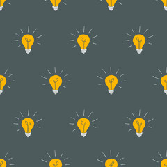 Glowing light bulb scribble hand drawn vector illustration isolated on gray background. Yellow light bulbs seamless pattern. Idea sign, solution, thinking concept.