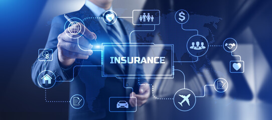 Insurance Insurtech. Businessman pressing button on screen.