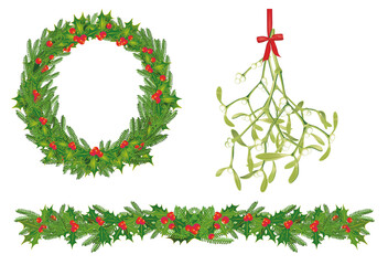 traditionelle Weihnachts Dekoration mit Mistelzweig und Girlanden, Illustration, isoliert auf weißem Hintergrund