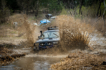 ATV and UTV offroad vehicle in water hard road. Extreme, adrenalin. 4x4.