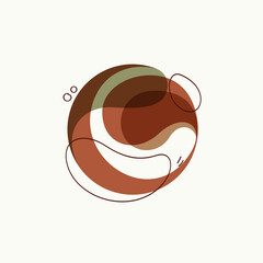 Boho style sphere logo. Abstract overlapping green and brown colored shapes, lines, and dots.