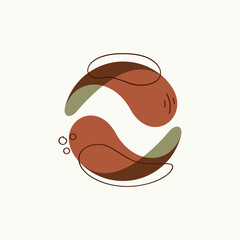 Boho style sphere logo. Abstract overlapping green and brown colored shapes, lines, and dots.