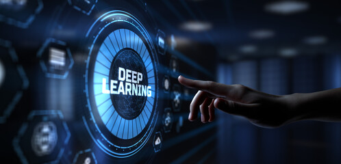 Deep learning artificial intelligence neural network. Hand pressing button on virtual screen.