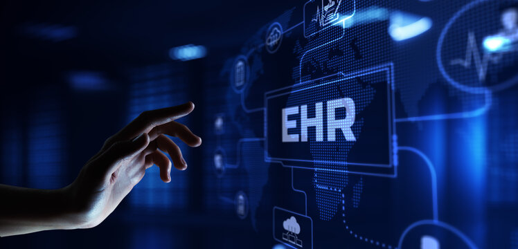 EHR Electronic Health Record Software System. Businessman Pressing Button On Screen.