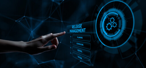 Release management agile development SCRUM planning. Hand pressing button on screen.