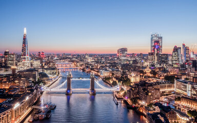 London panoramic aerial photo towards the Shard and London City River Thames. Aerial view at...