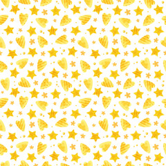Holiday seamless pattern with yellow Christmas stars and hearts.  Digital paper on a white background.