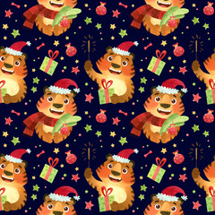 Happy tigers in Santa hat with Christmas tree branch, gift and sparkler. The symbol of the New Year 2022.