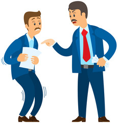 Angry boss shouting to employee. Conflict in office between chief and worker, stressed subordinate. Director scolds scared worker because of mistake problems at work scandal man feels fear of his boss