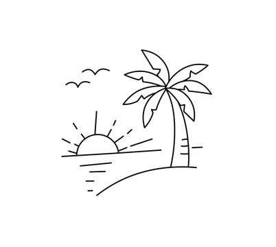 Vector isolated sunset beach landscape doodle line drawing. Drawn landscape sunrise beach, palm, sea.