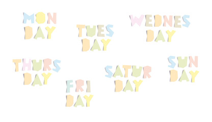 The days of the week are marked with realistic letters in the form of multi-colored stickers. Monday Tuesday Wednesday Thursday Friday Saturday Sunday. Vector illustration.