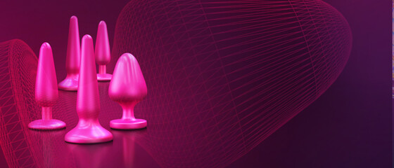 Butt anal plug sex toys on fuchsia background. 3D illustration.