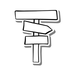 Black line cute cartoon sign post. Doodle on white silhouette and gray shadow. Vector illustration, coloring and any design.