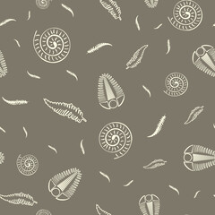 Ammonite trilobite fern vector seamless pattern background. Hand drawn spiral-form shell cephalopod and arthropod ribbed fossils, ferns. Extinct marine predators and plant life backdrop. For education