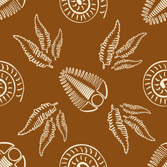 Ammonite trilobite fern vector seamless pattern background. Hand drawn spiral-form shell cephalopod and arthropod ribbed fossils, ferns. Extinct marine predators and plant life backdrop. For education