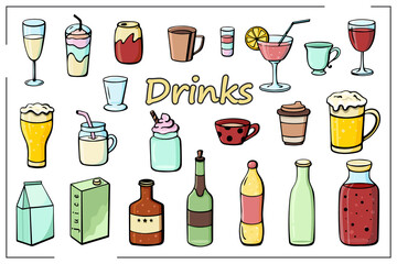 Color set of hand drawn drinks in line style. Vector illustration. Cold drinks, summer cocktails and alcoholic beverages for beach party, bar, restaurant menu.