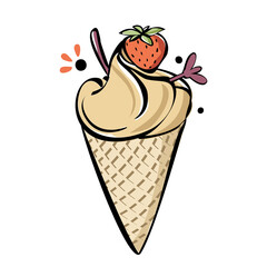 Ice cream with strawberry. Beige creame in waffle cup hand made drawing