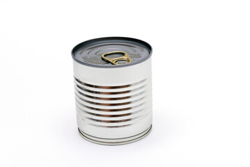 Unopened Tin Can with Blank Edge on White Background. Canned Food. Aluminum Can for Safe and Long Term Storage of Food. Steel Sealed Food Storage Container