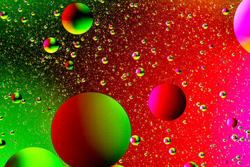 Abstract colorful background of oil circles. Oil in the water surface circles, water foam and oil bubbles.