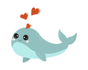 Cute blue whale with hearts. Valentine's day cards. Template for greeting card. Cartoon vector illustration.