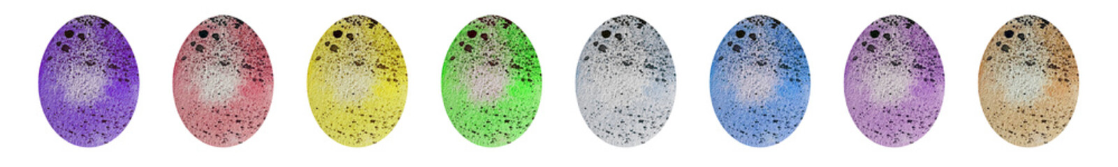 Watercolor set of colored Easter eggs with specks on a white background.