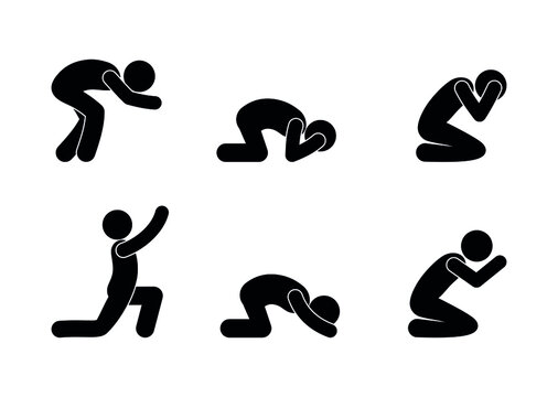 Man Praying, Silhouettes Of People Kneeling, Religious Human Posture For Prayer, Stick Figure Icon