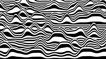 Trendy 3D black and white stripes distorted backdrop. Procedural ripple background with optical illusion effect