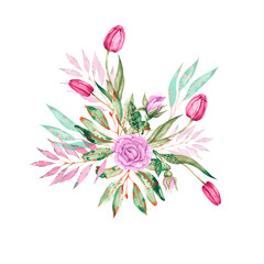 Watercolor composition with roses, flower buds, gerberas, tulips, twigs 2
