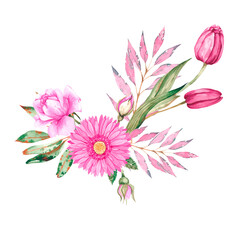 Watercolor composition with roses, flower buds, gerberas, tulips, twigs