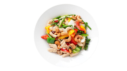 Stir-fried Chicken breast with cashew nut, Thai food on a white