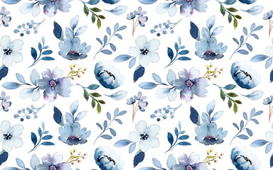Seamless pattern of blue floral with watercolor