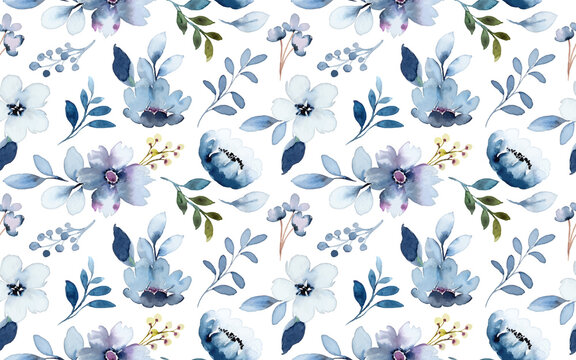 Seamless pattern of blue floral with watercolor