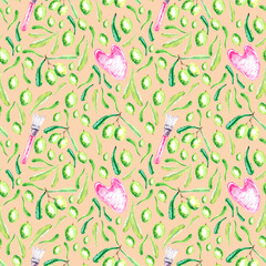 Watercolor pattern with gouache stone, mask brush and olives