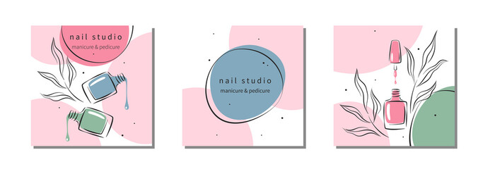 Set of design for nail studio for social media posts and stories, mobile apps. Nail polish, nail brush. Vector illustrations