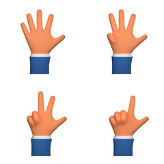 Fototapeta premium 3D hands showing numbers set isolated. Cute cartoon business hand counting from one to five. Collection of hand gestures.