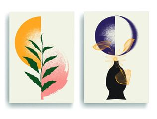 Modern poster with minimalist design elements . Grunge textured circles in Boho style  . Wall art , home deco . Vector abstract shape.