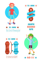 21 June go skateboarding day. No limit freestyle skate board life its time to ride set of posters with skateboards and young skateboarder in helmet vector