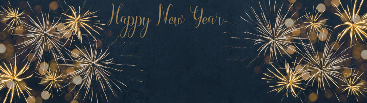HAPPY NEW YEAR 2024 - Festive celebration holiday sylvester background panorama greeting card banner long - Golden fireworks in the dark blue night