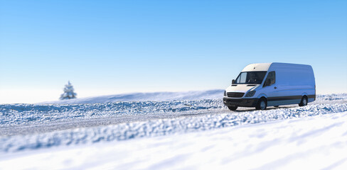 Weißer Transporter fährt bei Tag durch Winterlandschaft