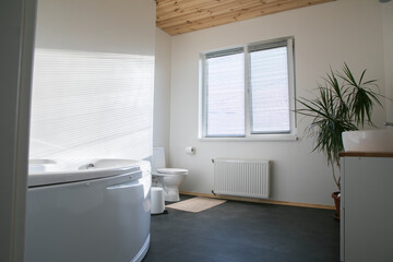 Modern stylish bathroom without anyone. Front view of white modern bath in contemporary apartment with stylish loft interior design, house decor.