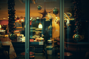 Shop window decorated with Christmas attributes