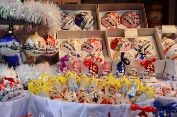 Glass decorations and Christmas baubles sold at a Xmas market in Montreux, Switzerland