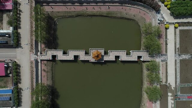 Pavilion and artificial lake scenery, aerial photos, North China