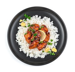 Chicken with sweet and sour teriyaki sauce and rice isolated on a white background.