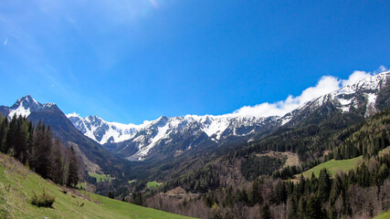 Fototapeta na wymiar A panoramic view on Baeren Valley in Austrian Alps. The highest peaks in the chain are sonw-capped. Lush green pasture in front. A few trees on the slopes. Clear and sunny day. High mountain chains.