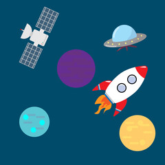 Set of space related objects with a UFO, satellite, planets and a rocket. Outer cosmos set with extraterrestrial planets and spaceships, shuttles with blue background. 