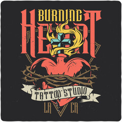 T-shirt or poster design with illustration of burning heart with ivy and ribbon